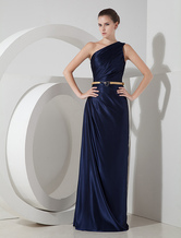 Sheath One-Shoulder Floor-Length Dark Navy Elastic Silk Like Satin Evening Dress 