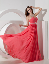 A-line Strapless Floor-Length Watermelon Chiffon Beading Prom Dress 