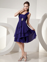 A-line One-Shoulder Knee-Length Purple Chiffon Tiered Bridesmaid Dress 