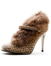 Modern Leopard Print PU Leather Furry Rhinestone Women's High Heel Booties