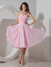 A-line Strapless Knee-Length Pink Chiffon Pleated Prom Dress 