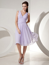 A-line V-Neck Knee-Length Lavender Chiffon Pleated Prom Dress 