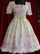 Yellow Square Neck Short Sleeves Cotton Woman's Lolita Dress