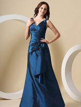 A-line V-Neck Floor-Length Royal Blue Taffeta Pleated Dress For Bridesmaid 