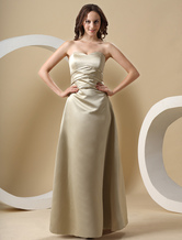 A-line Strapless Floor-Length Champagne Satin Bridesmaid Dress 