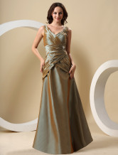 A-line V-Neck Floor-Length Sage Taffeta Pleated Bridesmaid Dress 