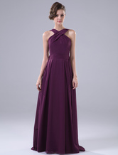 A-line Halter Floor-Length Purple Chiffon Matte Satin Bridesmaid Dress 
