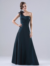 A-line One-Shoulder Floor-Length Dark Green Taffeta Pleated Dress For Bridesmaid 