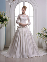 Ivory A-line Jewel Neck Strapless Satin Bridal Wedding Gown