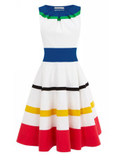 Blue Jewel Neck Sleeveless Stripe Cotton Blend Skater Dress for Woman