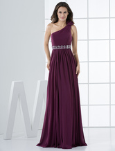 A-line One-Shoulder Grape Chiffon Rhinestone Evening Dress 