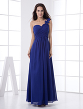 Empire Waist One-Shoulder Floor-Length Royal Blue Chiffon Dress For Bridesmaid 