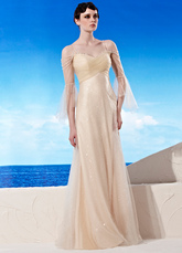 A-line Spaghetti Straps Floor-Length Beige Polyester Crystal Anniversary Gown 
