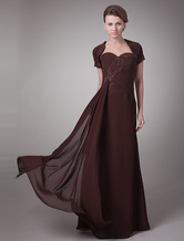 A-line Sweetheart Neck Brown Chiffon Beading Ruched Dress For Mother of the Bride 