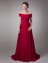 A-line Bateau Neck Sweep Red Chiffon Ruched Dress For Mother of the Bride 
