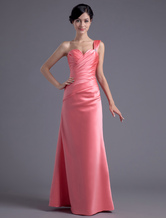 Sheath One-Shoulder Floor-Length Fuchsia Satin Rhinestone Dress For Bridesmaid 
