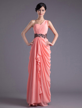 Sheath One-Shoulder Floor-Length Watermelon Chiffon Beading Dress For Bridesmaid 