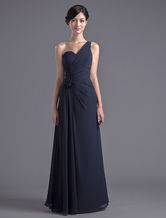 A-line One-Shoulder Floor-Length Dark Navy Chiffon Bridesmaid Dress 