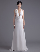 A-line V-Neck Sweep White Chiffon Evening Dress 