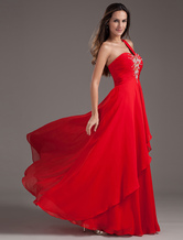 A-line One-Shoulder Floor-Length Red Chiffon Applique Prom Dress 