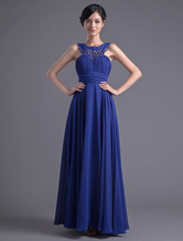 Empire Waist Jewel Neck Floor-Length Royal Blue Chiffon Beading Evening Dress 