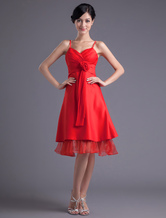 A-line Straps Neck Knee-Length Red Satin Dress For Bridesmaid 