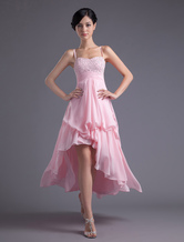 A-line Straps Neck Asymmetrical Pink Chiffon Beading Prom Dress 