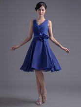 A-line V-Neck Knee-Length Royal Blue Chiffon Dress For Bridesmaid 
