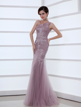 Mermaid One-Shoulder Floor-Length Lilac Net Applique Evening Dress 
