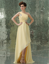 A-line One-Shoulder Asymmetrical Daffodil Chiffon Applique Prom Dress 
