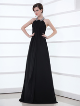A-line Halter Floor-Length Black Chiffon Rhinestone Evening Dress 