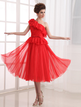 A-line One-Shoulder Red Chiffon Elastic Woven Satin Prom Dress 