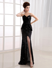 Sheath Sweetheart Neck Floor-Length Black Satin Sequined Sequin Evening Dress 