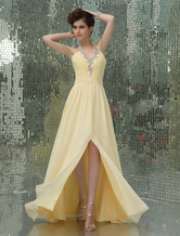 A-line Halter Floor-Length Daffodil Chiffon Applique Prom Dress 