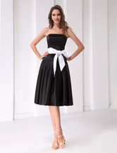 A-line Strapless Knee-Length Black Satin Sash Prom Dress 