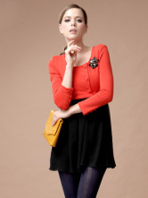 Watermelon Jewel Neck Long Sleeves Cotton Blend Dress for Woman