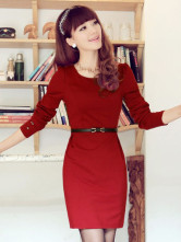 Red Sash Cotton Blend Bodycon Dress for Woman