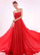 Empire Waist Sweetheart Watteau Red Chiffon Ruched Anniversary Gown 