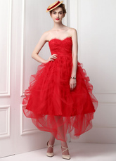 Ball Gown Strapless Tea-Length Red Net Evening Dress 