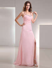 Sheath Straps Neck Sweep Pink Chiffon Ruched Split Front Prom Dress 
