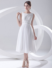 A-line Jewel Neck Tea-Length White Chiffon Ruched Cocktail Dress 