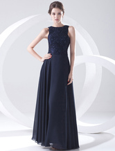 A-line Jewel Neck Floor-Length Dark Navy Chiffon Lace Beading Evening Dress 