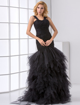 Ruffles Black Wedding Dress Tulle Floor Length Mermaid Prom Dress
