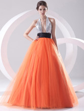 Princess Halter Floor-Length Orange Mesh Sequin Prom Dress 