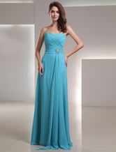 A-line Strapless Floor-Length Blue Chiffon Ruched Rhinestone Bridesmaid Dress 
