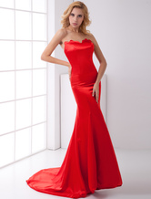 Mermaid Sweetheart Neck Court Train Red Elastic Woven Satin Evening Dress 
