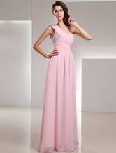 Empire Waist One-Shoulder Floor-Length Pink Chiffon Sequin Prom Dress 