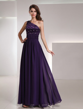 A-line One-Shoulder Floor-Length Grape Chiffon Rhinestone Evening Dress 