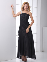 Sheath One-Shoulder Ankle-Length Black Chiffon Beading Evening Dress 