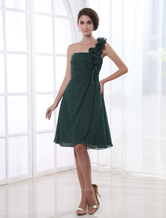 A-line One-Shoulder Knee-Length Black Chiffon Dress For Bridesmaid 